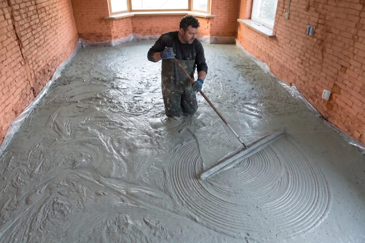 Vakman egaliseert een vers gestorte schuimbeton ondervloer tijdens een complete vloeropbouw